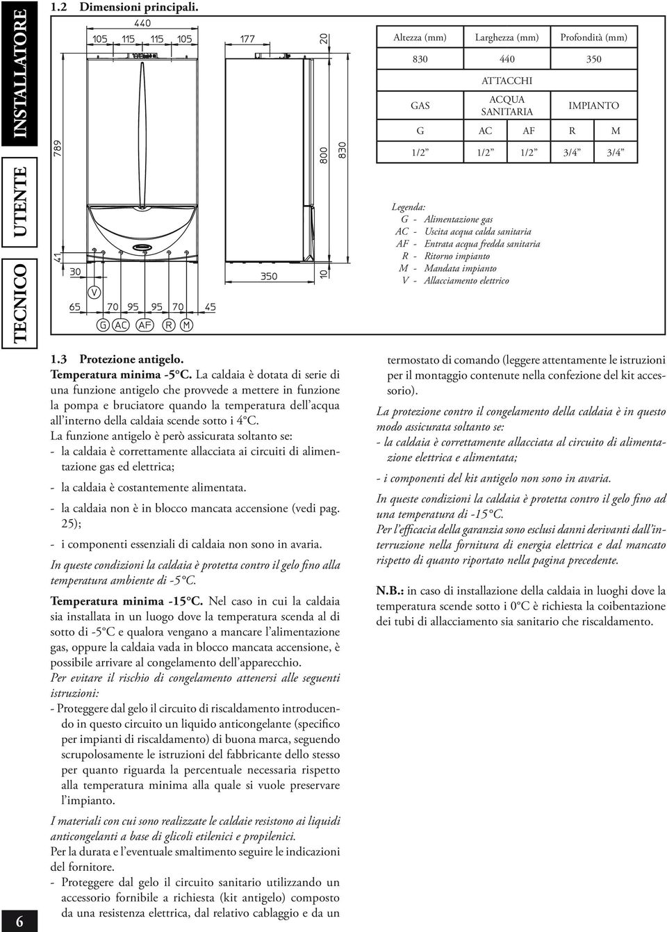 La funzione antigelo è però assicurata soltanto se: - la caldaia è correttamente allacciata ai circuiti di alimentazione gas ed elettrica; - la caldaia è costantemente alimentata.