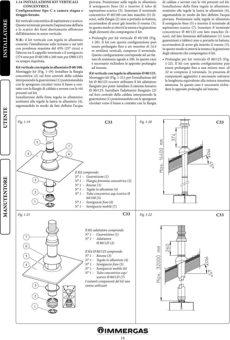 : il kit verticale con tegola in alluminio consente l installazione sulle terrazze e sui tetti con pendenza massima del 45% (25 circa) e l altezza tra il cappello terminale e il semiguscio (374 mm