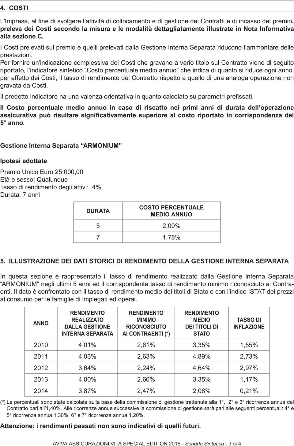 Per fornire un indicazione complessiva dei Costi che gravano a vario titolo sul Contratto viene di seguito riportato, l indicatore sintetico Costo percentuale medio annuo che indica di quanto si