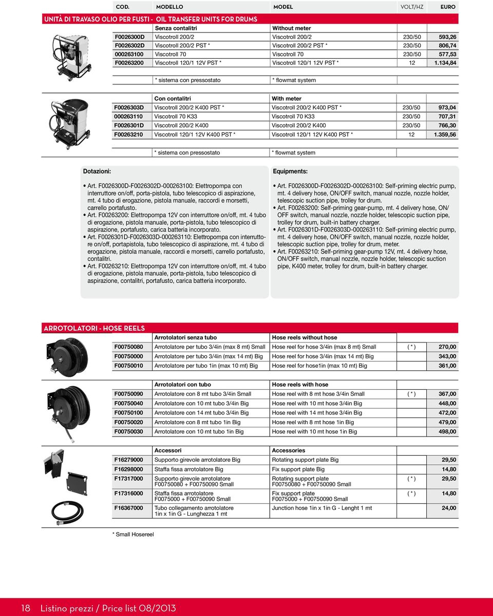 134,84 * sistema con pressostato * flowmat system Con contalitri With meter F0026303D Viscotroll 200/2 K400 PST * Viscotroll 200/2 K400 PST * 230/50 973,04 000263110 Viscotroll 70 K33 Viscotroll 70