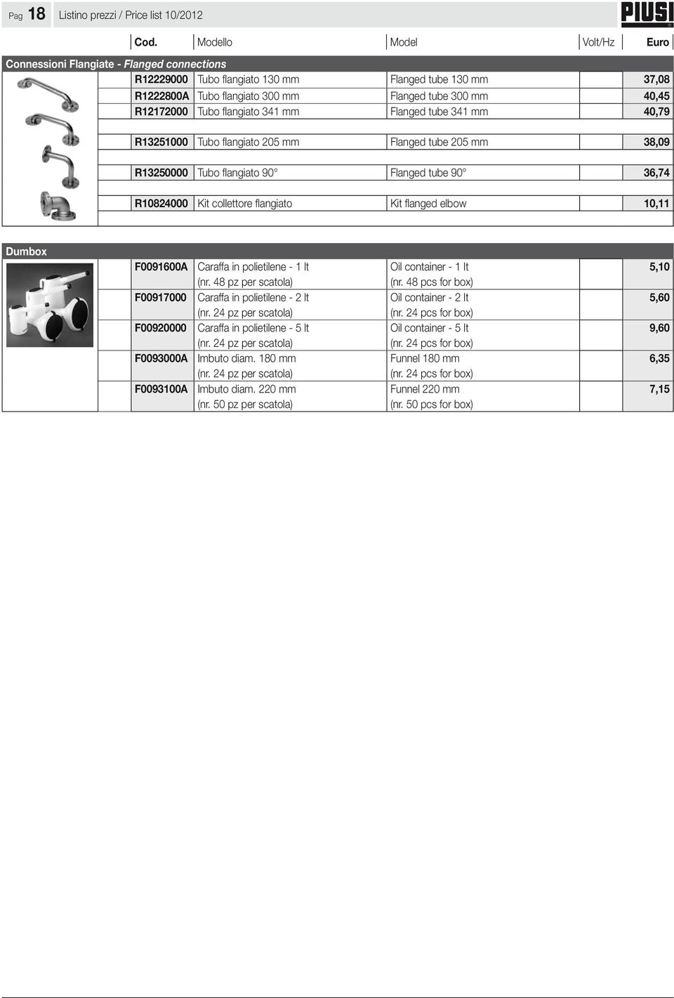 flangiato Kit flanged elbow 10,11 Dumbox F0091600A F00917000 F00920000 F0093000A F0093100A Caraffa in polietilene - 1 lt (nr. 48 pz per scatola) Caraffa in polietilene - 2 lt (nr.