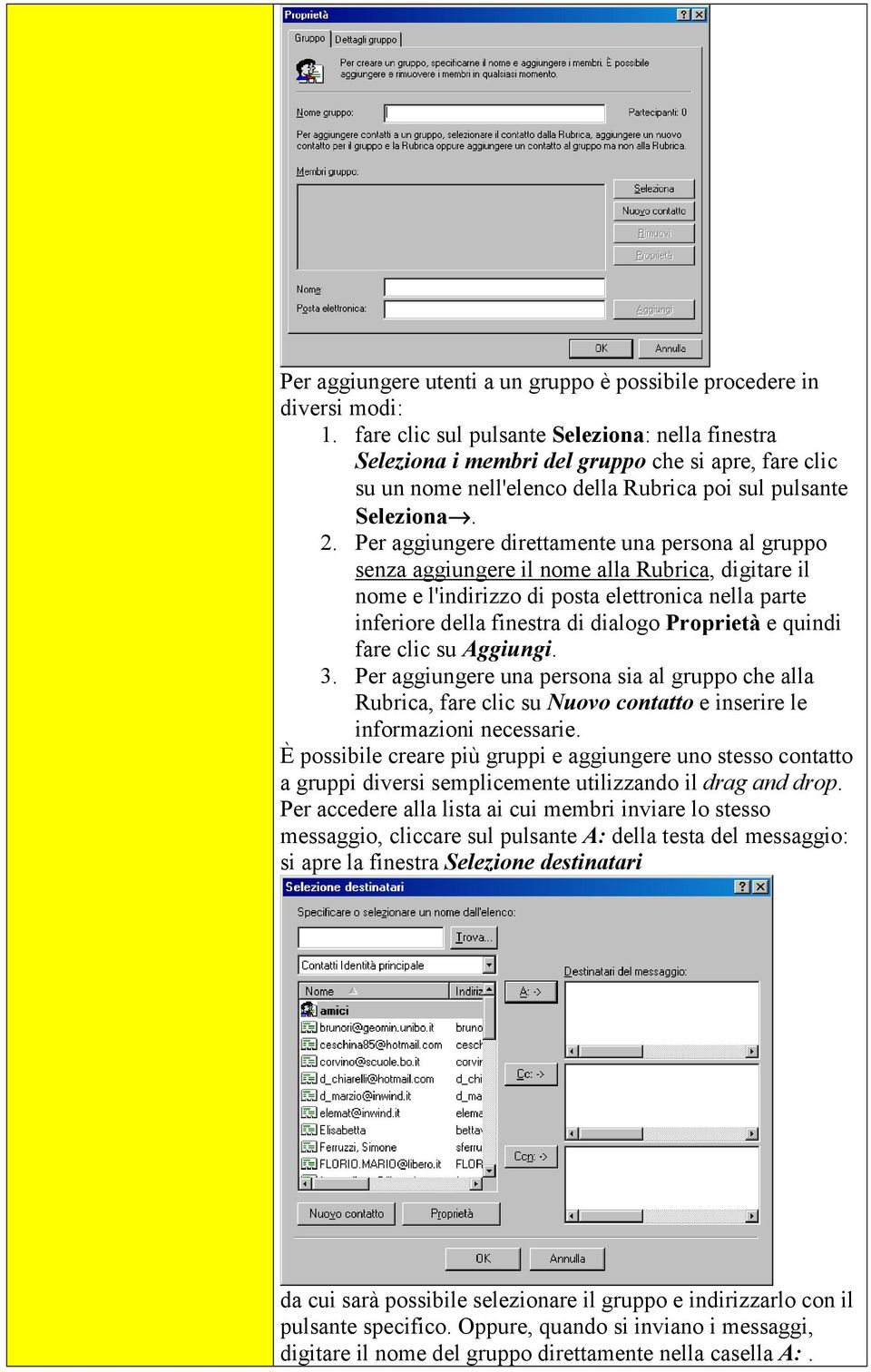 Per aggiungere direttamente una persona al gruppo senza aggiungere il nome alla Rubrica, digitare il nome e l'indirizzo di posta elettronica nella parte inferiore della finestra di dialogo Proprietà