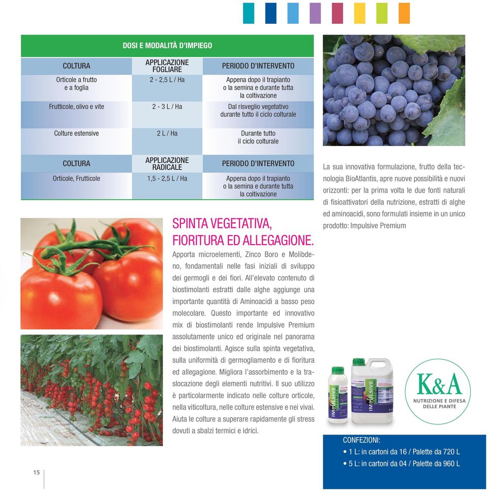 Orticole, Frutticole 1,5-2,5 L / Ha Appena dopo il trapianto o la semina e durante tutta la coltivazione SPINTA VEGETATIVA, FIORITURA ED ALLEGAGIONE.