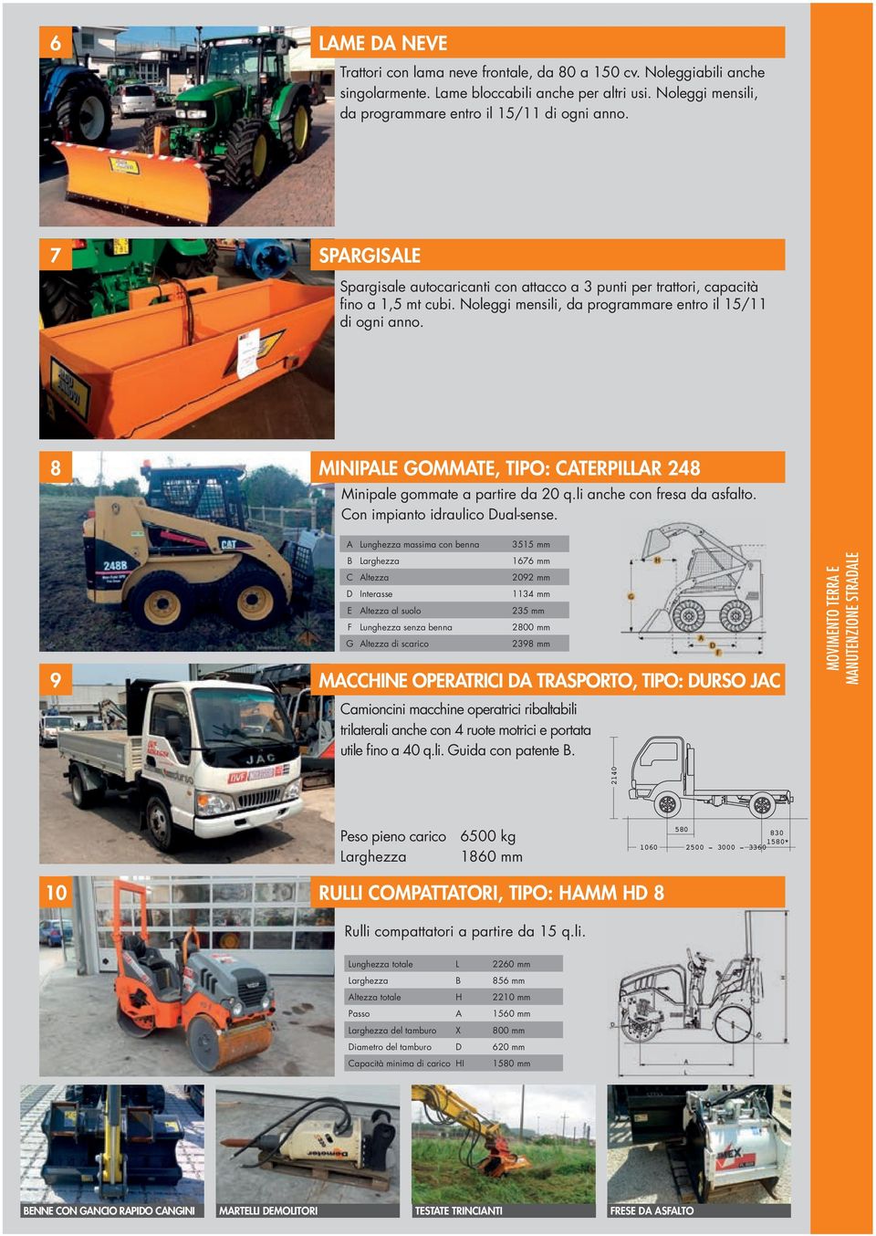 8 9 MINIPALE GOMMATE, TIPO: CATERPILLAR 248 Minipale gommate a partire da 20 q.li anche con fresa da asfalto. Con impianto idraulico Dual-sense.