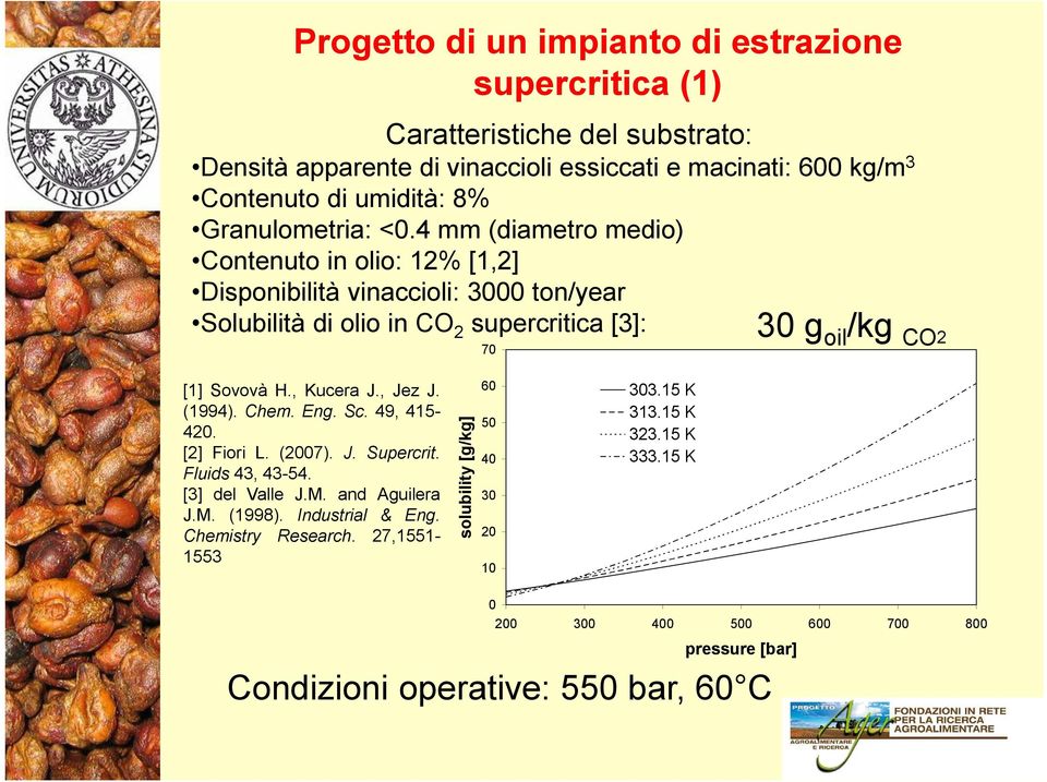 4 mm (diametro medio) Contenuto in olio: 12% [1,2] Disponibilità vinaccioli: 3000 ton/year Solubilità di olio in CO 2 supercritica [3]: 70 30 g oil /kg CO 2 [1] Sovovà H., Kucera J.