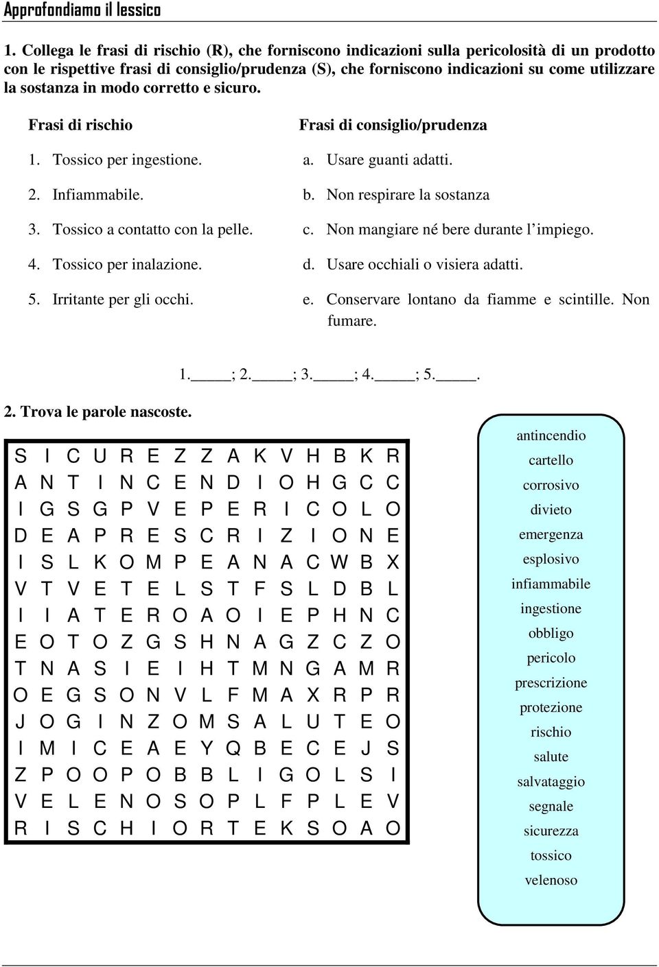 sostanza in modo corretto e sicuro. Frasi di rischio Frasi di consiglio/prudenza 1. Tossico per ingestione. a. Usare guanti adatti. 2. Infiammabile. b. Non respirare la sostanza 3.