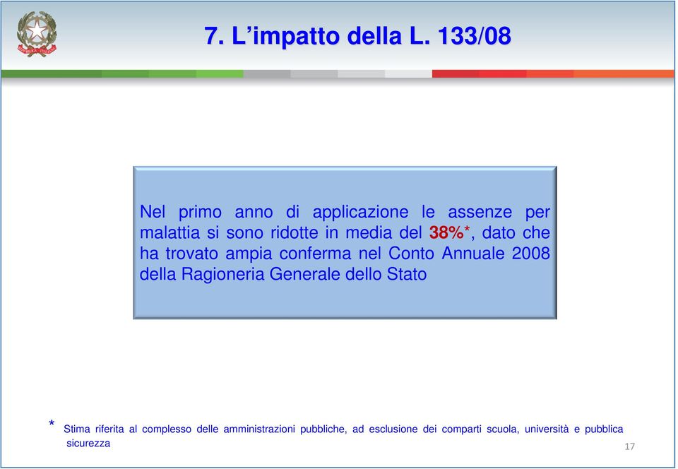 del 38%*, dato che ha trovato ampia conferma nel Conto Annuale 2008 della Ragioneria