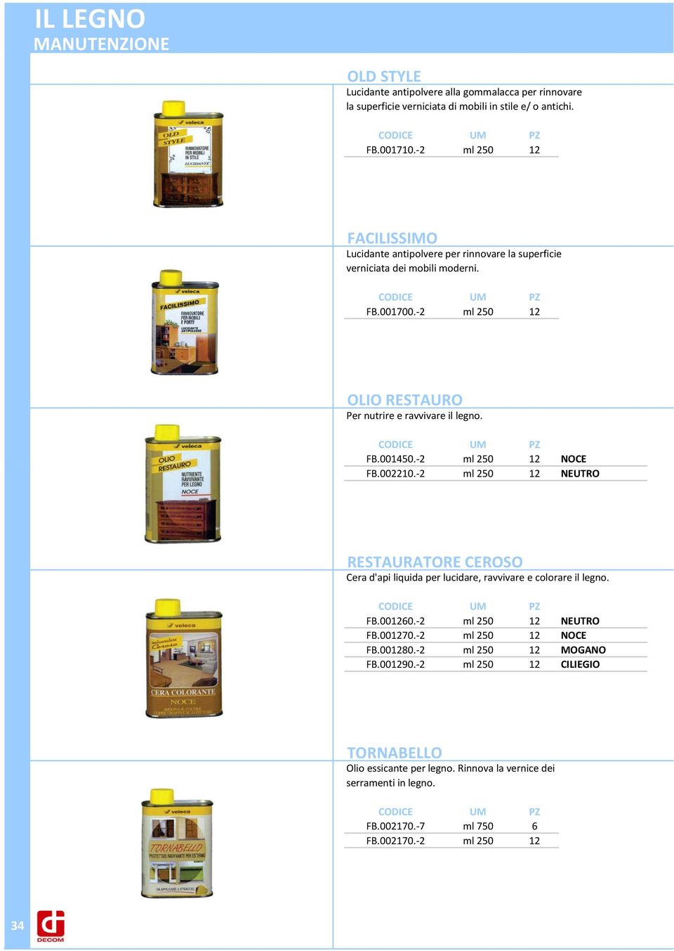 FB.001450. 2 ml 250 12 NOCE FB.002210. 2 ml 250 12 NEUTRO RESTAURATORE CEROSO Cera d'api liquida per lucidare, ravvivare e colorare il legno. FB.001260. 2 ml 250 12 NEUTRO FB.