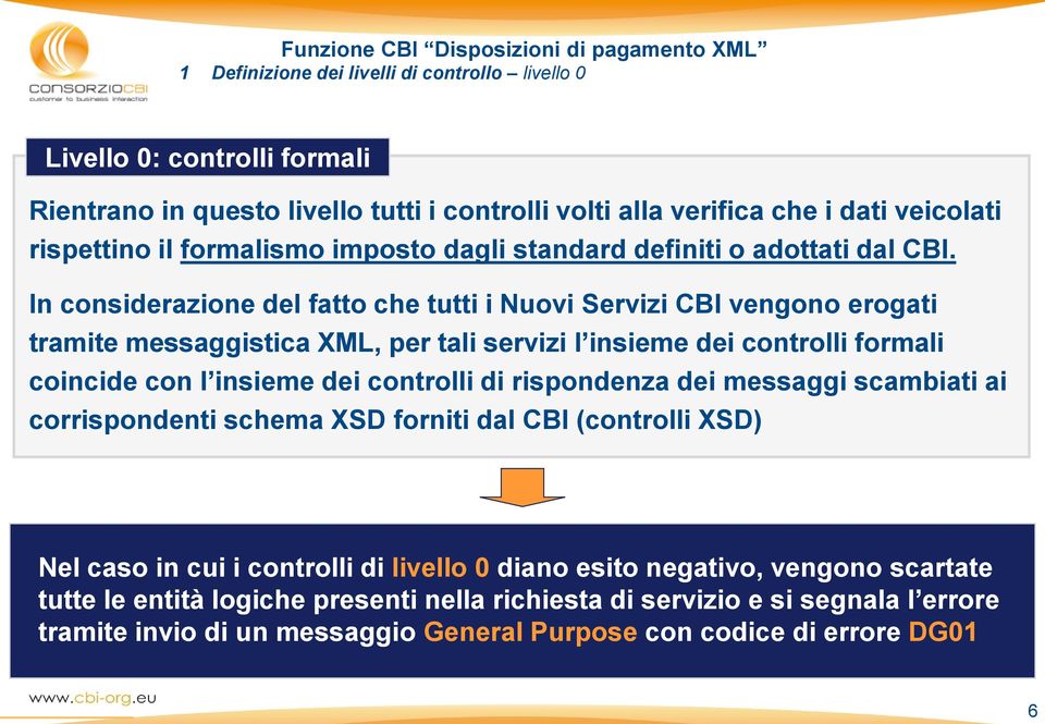 In considerazione del fatto che tutti i Nuovi Servizi CBI vengono erogati tramite messaggistica XML, per tali servizi l insieme dei controlli formali coincide con l insieme dei controlli di