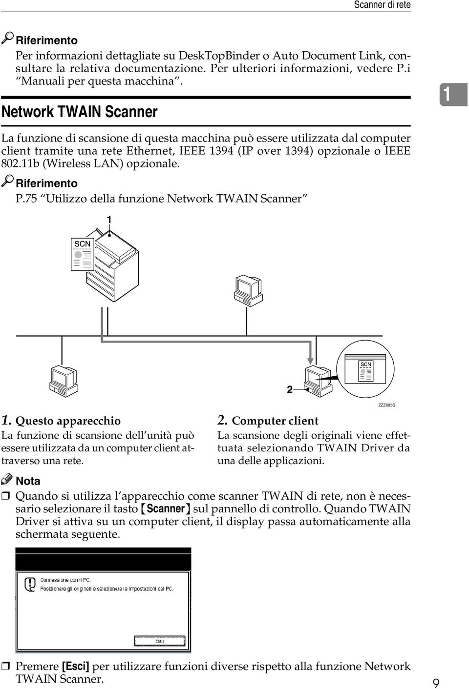 Network TWAIN Scanner 1 La funzione di scansione di questa macchina può essere utilizzata dal computer client tramite una rete Ethernet, IEEE 1394 (IP over 1394) opzionale o IEEE 802.