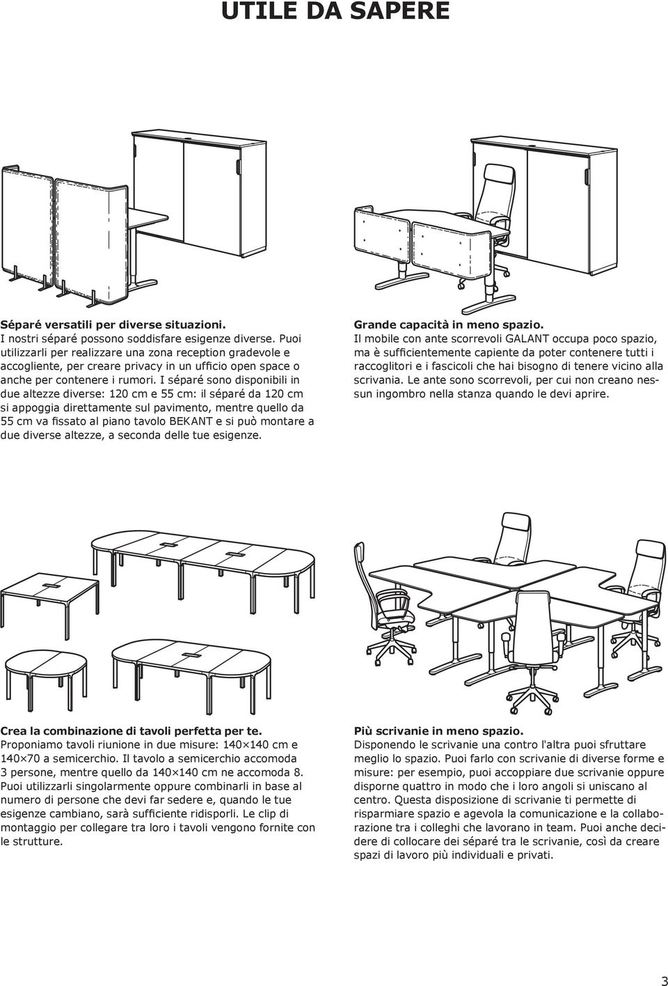 I séparé sono disponibili in due altezze diverse: 120 cm e 55 cm: il séparé da 120 cm si appoggia direttamente sul pavimento, mentre quello da 55 cm va fissato al piano tavolo BEKANT e si può montare