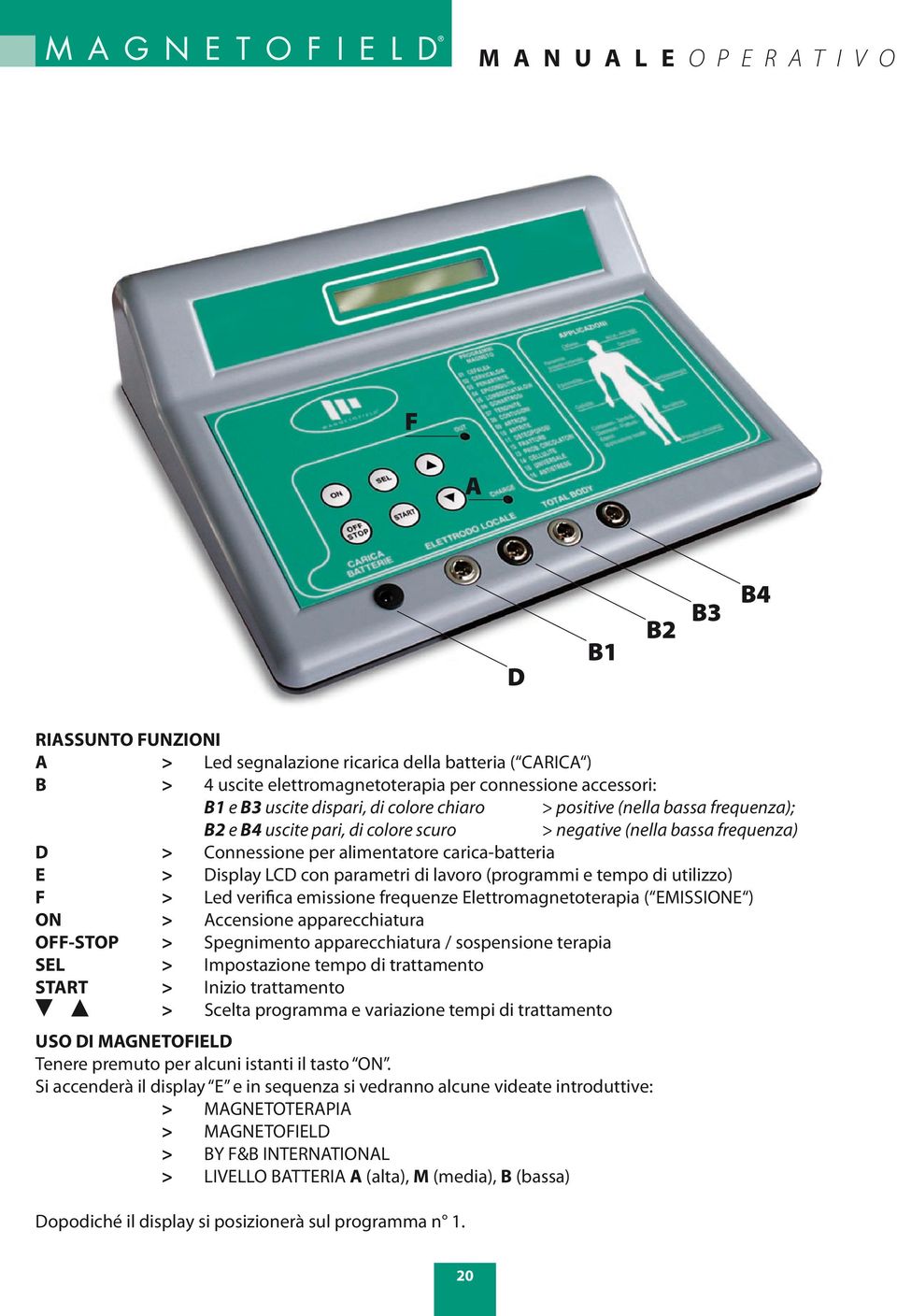 Display LCD con parametri di lavoro (programmi e tempo di utilizzo) F > Led verifica emissione frequenze Elettromagnetoterapia ( EMISSIONE ) ON > Accensione apparecchiatura OFF-STOP > Spegnimento