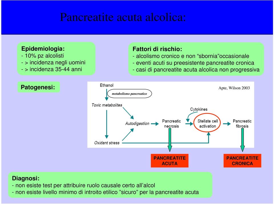 acuta alcolica non progressiva Patogenesi: metabolismo pancreatico Apte, Wilson 2003 PANCREATITE ACUTA PANCREATITE CRONICA