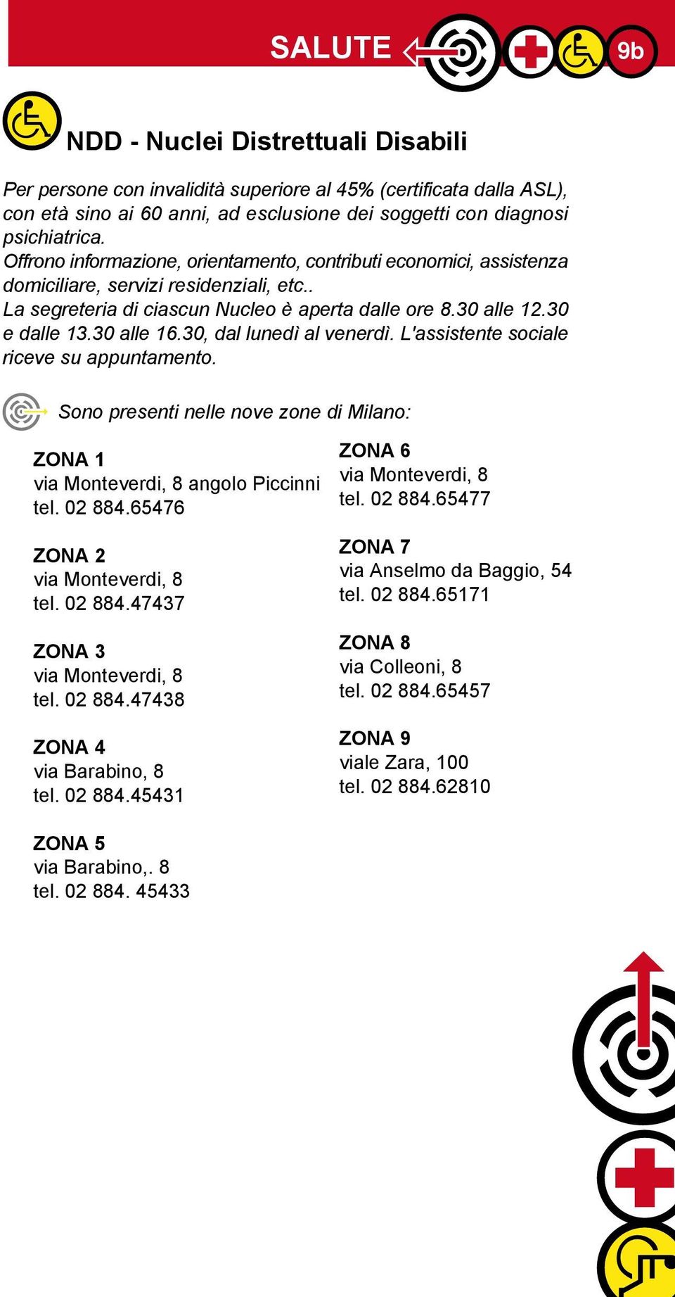 30, dal lunedì al venerdì. L'assistente sociale riceve su appuntamento. Sono presenti nelle nove zone di Milano: ZONA 1 via Monteverdi, 8 angolo Piccinni tel. 02 884.