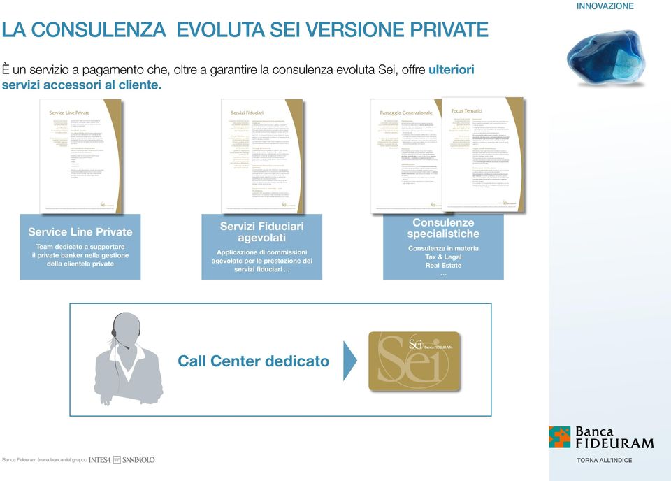 facilita l accesso alle altre strutture e società (del Gruppo e Terze) preposte alla costruzione di soluzioni finanziarie modellate sulle specifiche necessità del cliente.