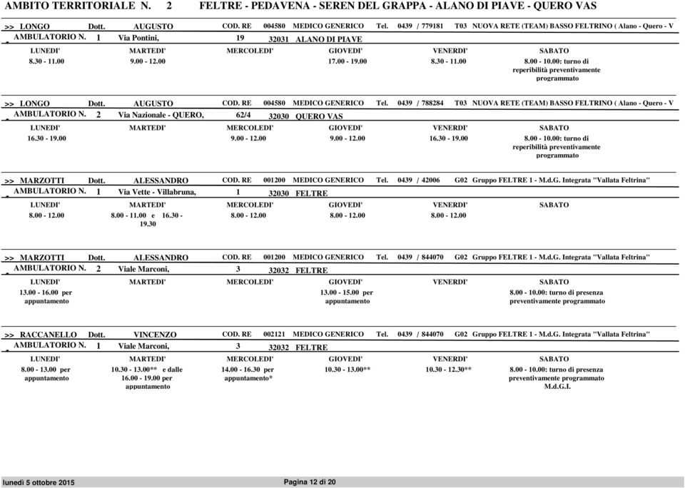 00: turno di reperibilità preventivamente programmato >> LONGO Dott. AUGUSTO COD. RE 004580 MEDICO GENERICO Tel. 0439 / 788284 T03 NUOVA RETE (TEAM) BASSO FELTRINO ( Alano Quero V AMBULATORIO N.