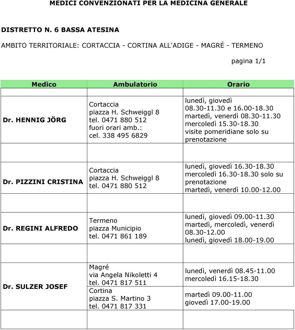 Schweiggl 8 tel. 0471 880 512 lunedì, giovedì 16.30-18.30 mercoledì 16.30-18.30 solo su prenotazione martedì, venerdì 10.00-12.00 Dr. REGINI ALFREDO Termeno piazza Municipio tel.