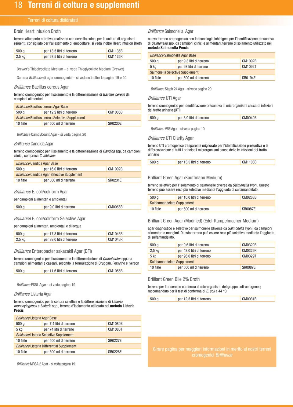 veda Thioglycollate Medium (Brewer) Gamma Brilliance di agar cromogenici si vedano inoltre le pagine 19 e 20 Brilliance Bacillus cereus Agar terreno cromogenico per l isolamento e la differenziazione