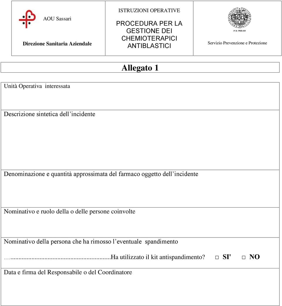 delle persone coinvolte Nominativo della persona che ha rimosso l eventuale spandimento.