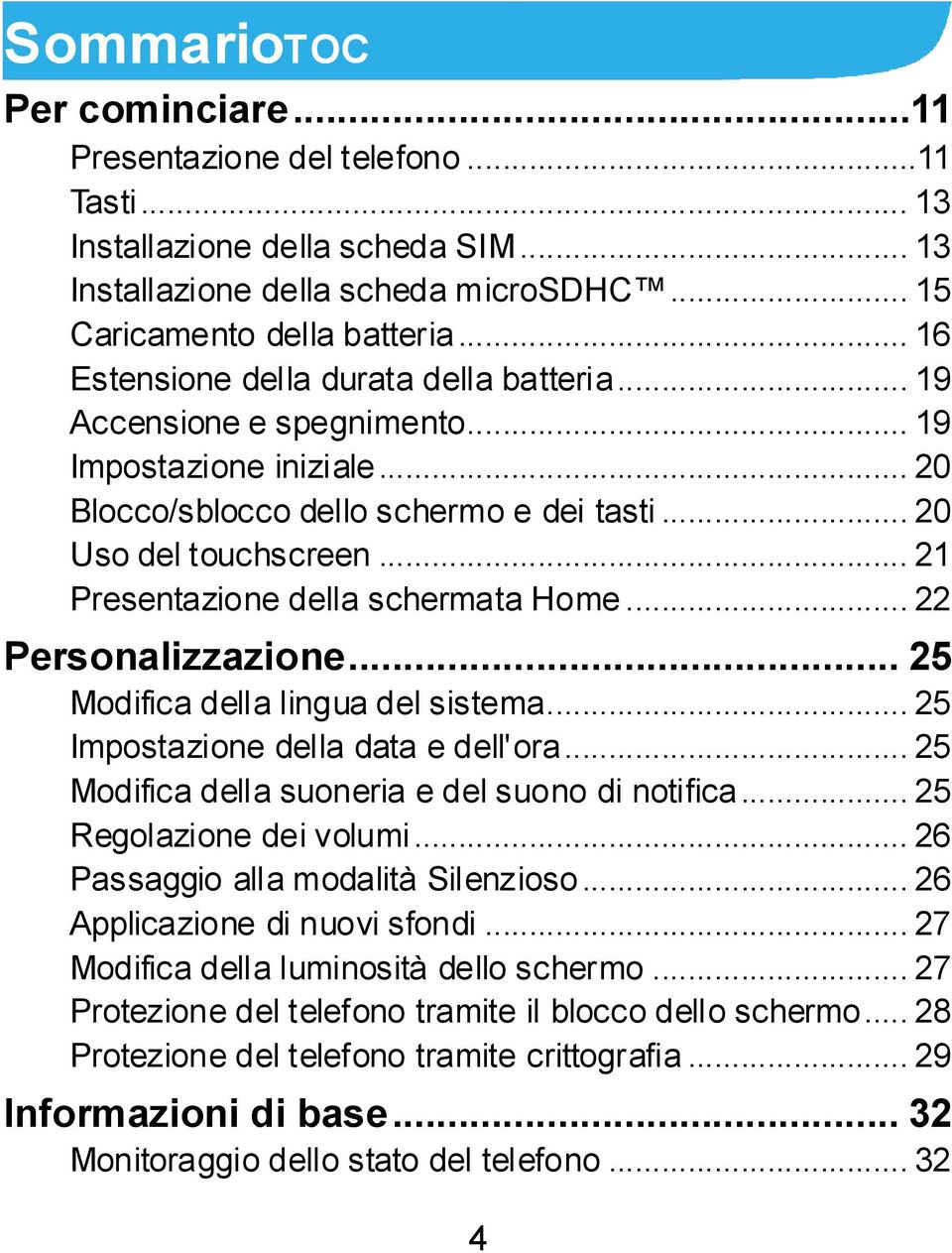 .. 21 Presentazione della schermata Home... 22 Personalizzazione... 25 Modifica della lingua del sistema... 25 Impostazione della data e dell'ora... 25 Modifica della suoneria e del suono di notifica.