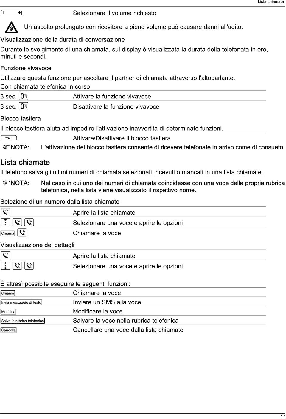 Funzione vivavoce 6 Utilizzare questa funzione per ascoltare il partner di chiamata attraverso l'altoparlante. Con chiamata telefonica in corso 3 sec. Attivare la funzione vivavoce 3 sec.