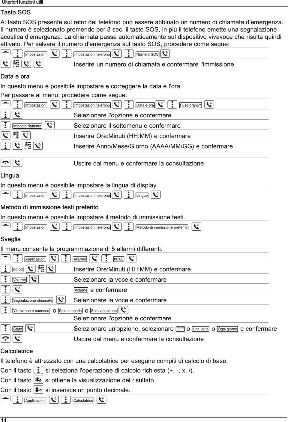 Per salvare il numero d'emergenza sul tasto SOS, procedere come segue: Impostazioni Impostazionitelefono NumeroSOS Inserire un numero di chiamata e confermare l'immissione Data e ora 14 In questo