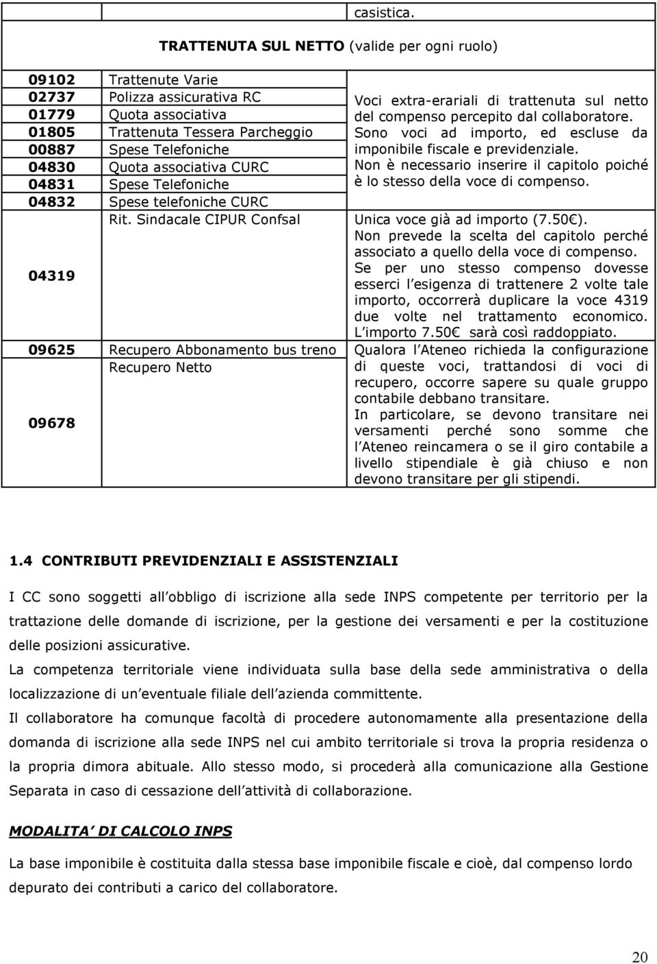 associativa CURC 04831 Spese Telefoniche 04832 Spese telefoniche CURC Voci extra-erariali di trattenuta sul netto del compenso percepito dal collaboratore.