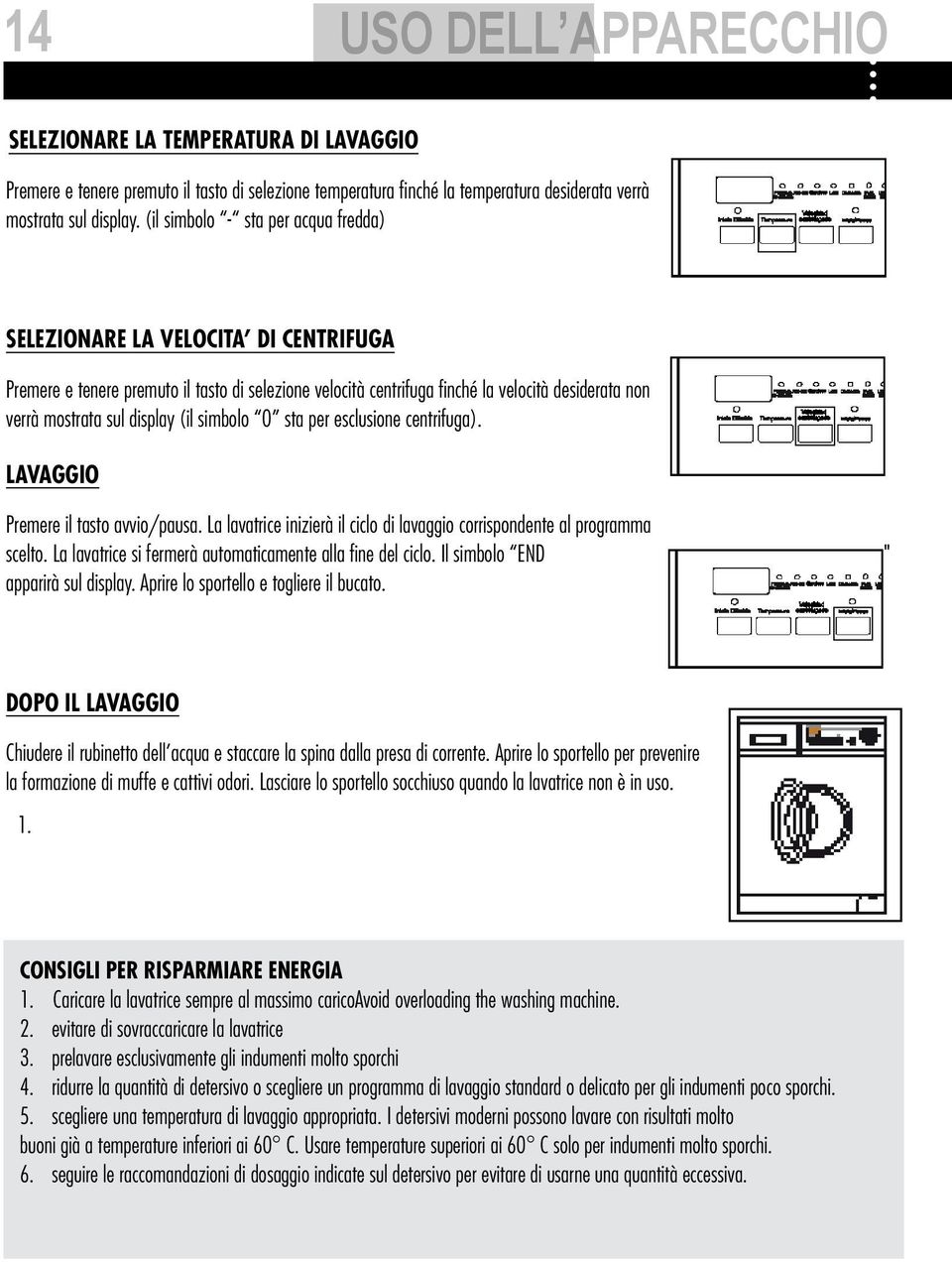 display (il simbolo 0 sta per esclusione centrifuga). LAVAGGIO Premere il tasto avvio/pausa. La lavatrice inizierà il ciclo di lavaggio corrispondente al programma scelto.