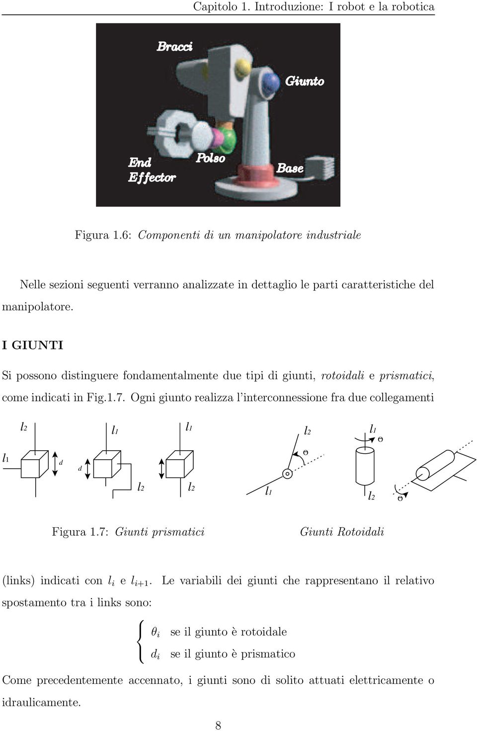 I GIUNTI Si possono distinguere fondamentalmente due tipi di giunti, rotoidali e prismatici, come indicati in Fig.1.7.