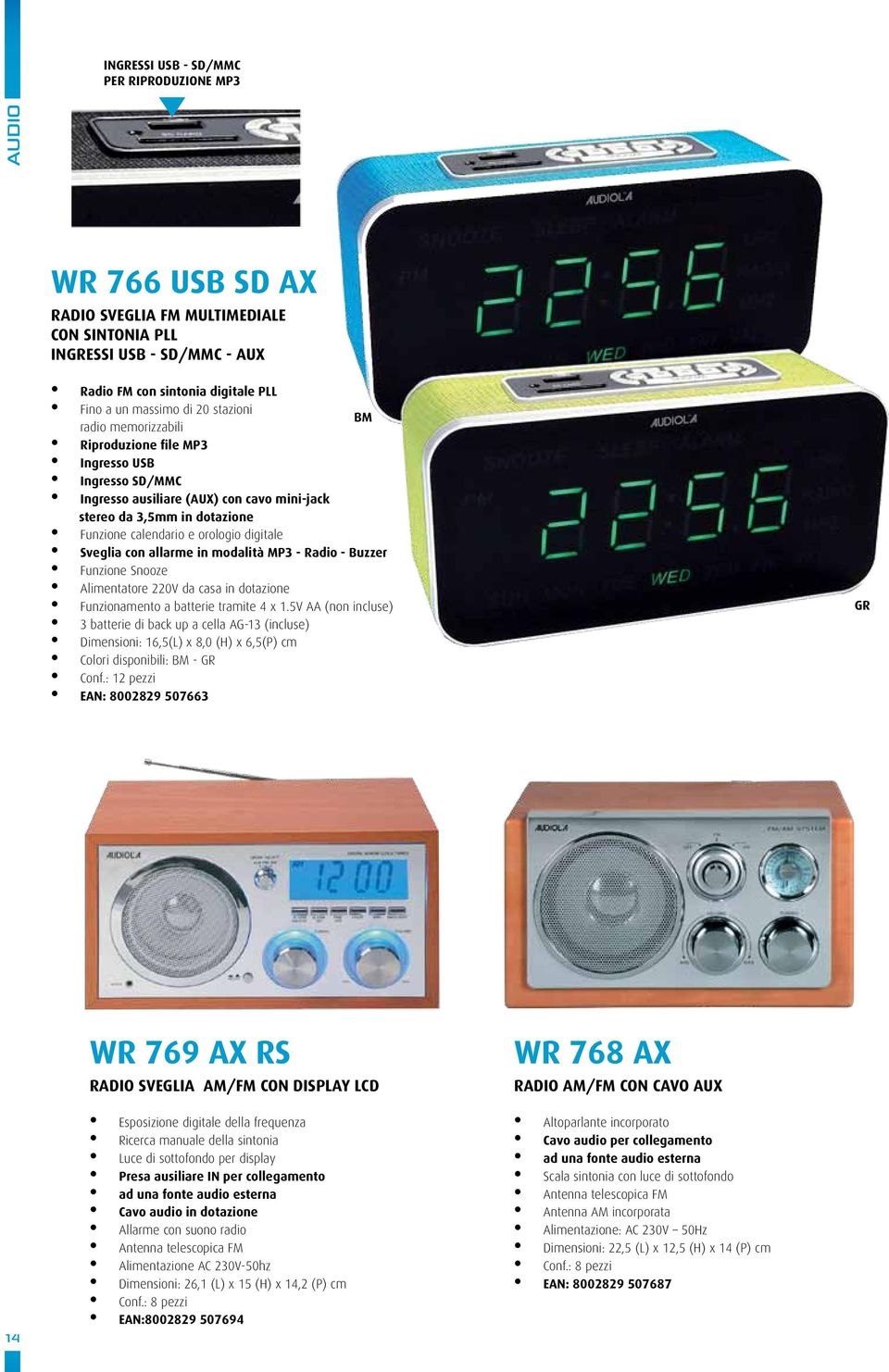 Sveglia con allarme in modalità MP3 - Radio - Buzzer Funzione Snooze Alimentatore 220V da casa in dotazione Funzionamento a batterie tramite 4 x 1.