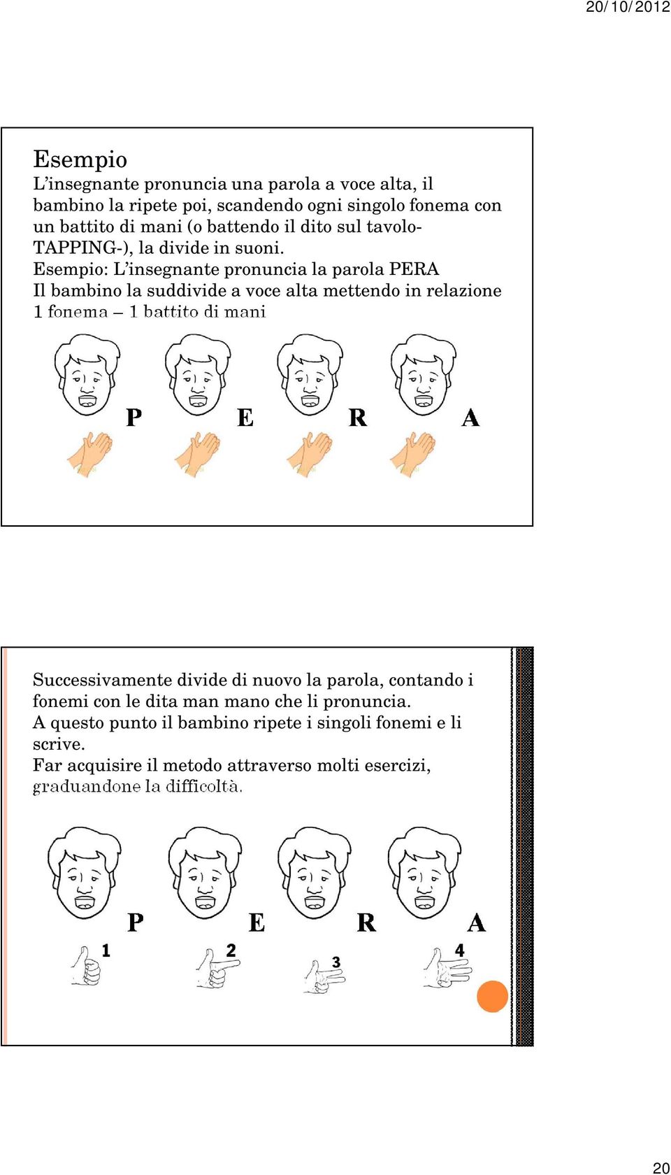 Esempio: L insegnante pronuncia la parola PERA Il bambino la suddivide a voce alta mettendo in relazione 1 fonema = 1 battito di mani