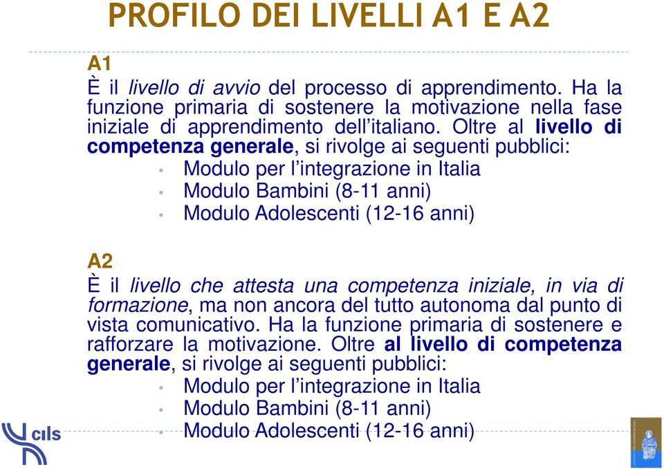Oltre al livello di competenza generale, si rivolge ai seguenti pubblici: Modulo per l integrazione in Italia Modulo Bambini (8-11 anni) Modulo Adolescenti (12-16 anni) A2 È il