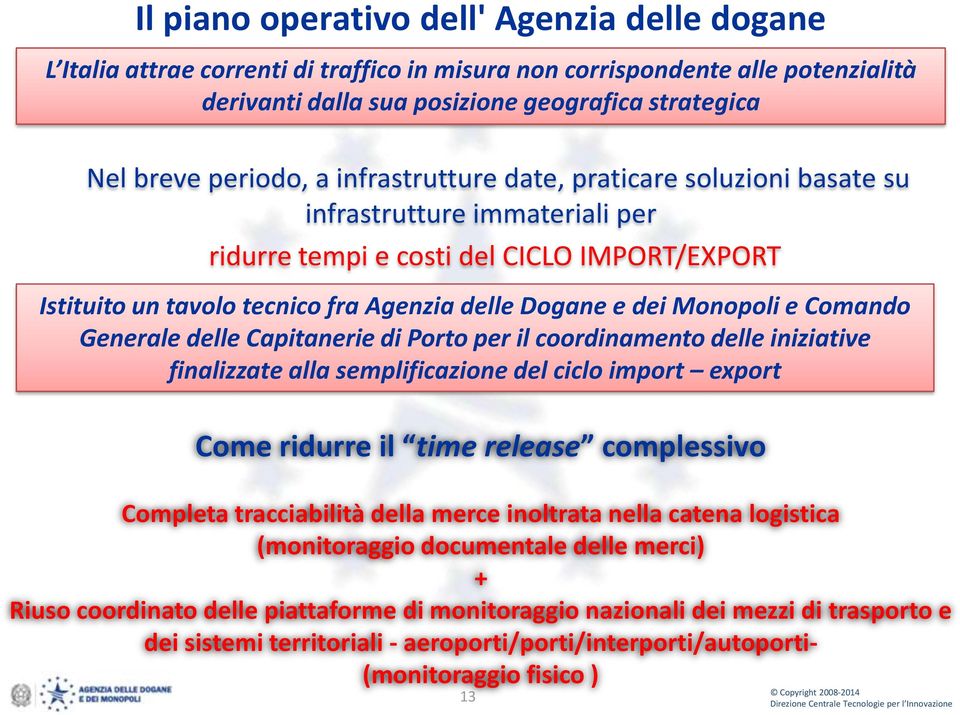 Monopoli e Comando Generale delle Capitanerie di Porto per il coordinamento delle iniziative finalizzate alla semplificazione del ciclo import export Come ridurre il time release complessivo Completa