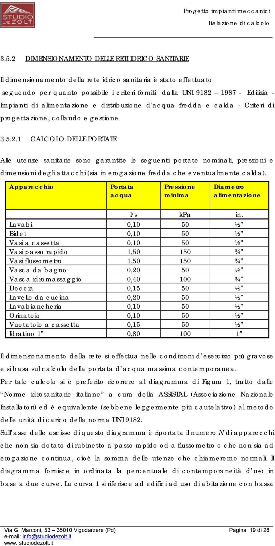 1 CALCOLO DELLE PORTATE Alle utenze sanitarie sono garantite le seguenti portate nominali, pressioni e dimensioni degli attacchi (sia in erogazione fredda che eventualmente calda).