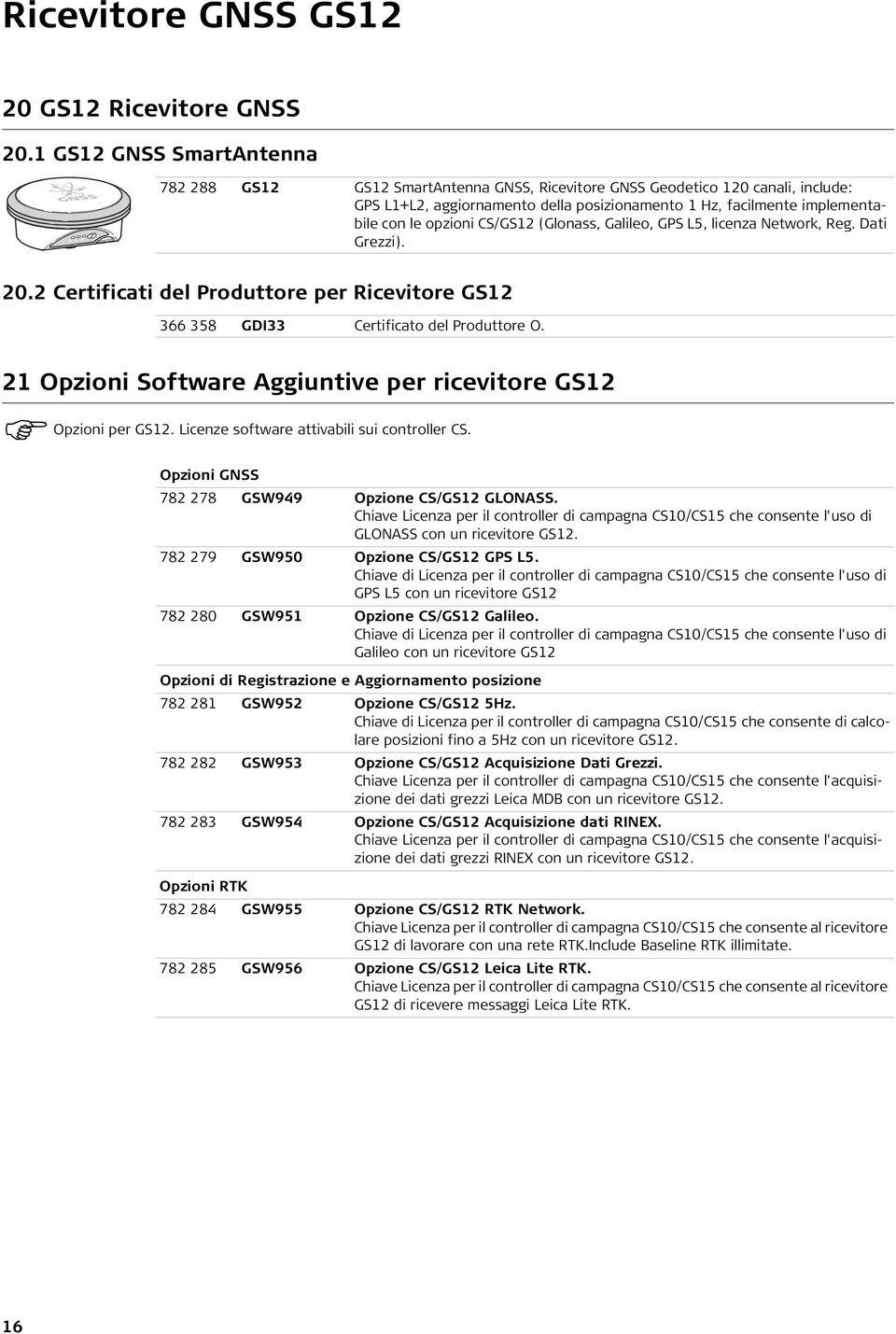 opzioni CS/GS12 (Glonass, Galileo, GPS L5, licenza Network, Reg. Dati Grezzi). 20.2 Certificati del Produttore per Ricevitore GS12 366 358 GDI33 Certificato del Produttore O.