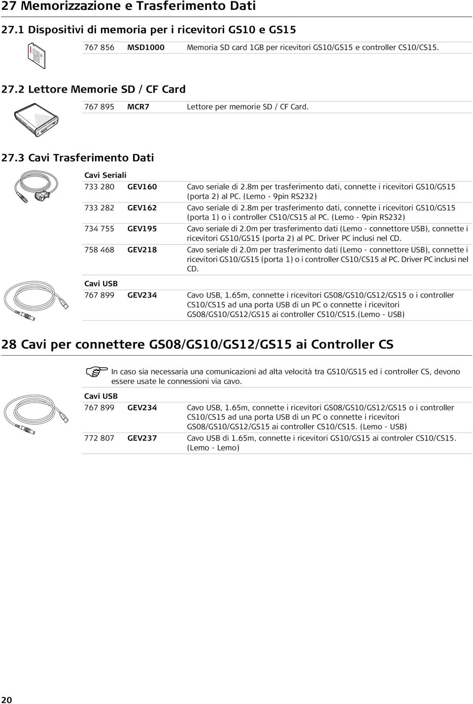 (Lemo - 9pin RS232) 733 282 GEV162 Cavo seriale di 2.8m per trasferimento dati, connette i ricevitori GS10/GS15 (porta 1) o i controller CS10/CS15 al PC.