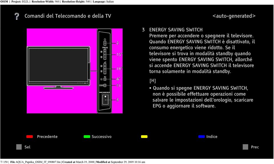 Se il televisore si trova in modalità standby quando viene spento ENERGY SAVING SWITCH, allorché si accende ENERGY SAVING SWITCH il televisore torna solamente