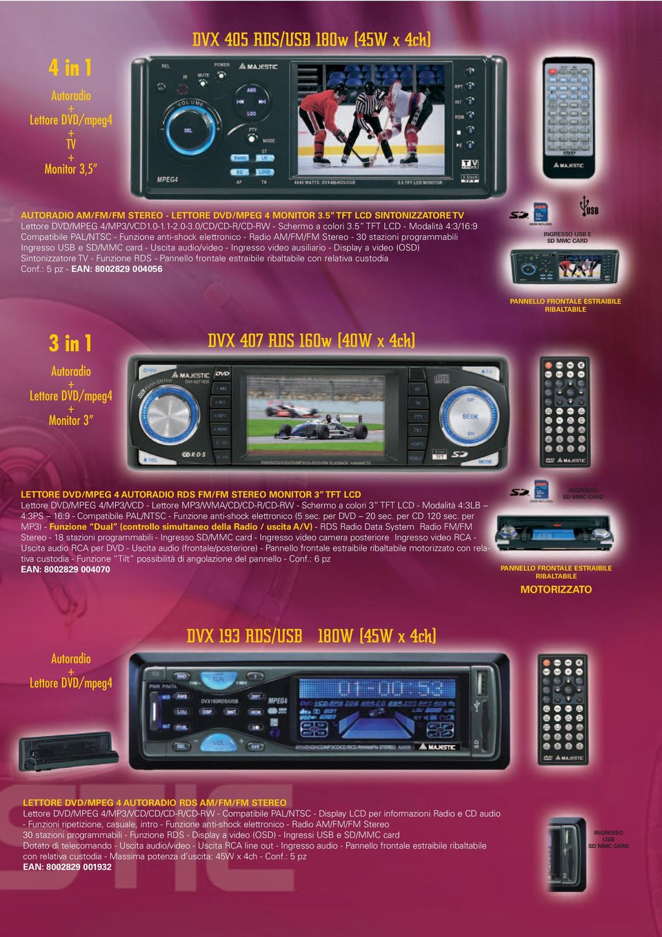 5 TFT LCD - Modalità 4:3/16:9 Compatibile PAL/NTSC - Funzione anti-shock elettronico - Radio AM/FM/FM Stereo - 30 stazioni programmabili Ingresso USB e SD/MMC card - Uscita audio/video - Ingresso