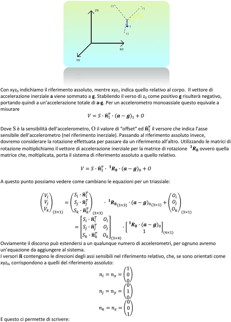 Per un accelerometro monoassiale questo equivale a misurare Dove S è la sensibilità dell accelerometro, O il valore di offset ed il versore che indica l asse sensibile dell accelerometro (nel