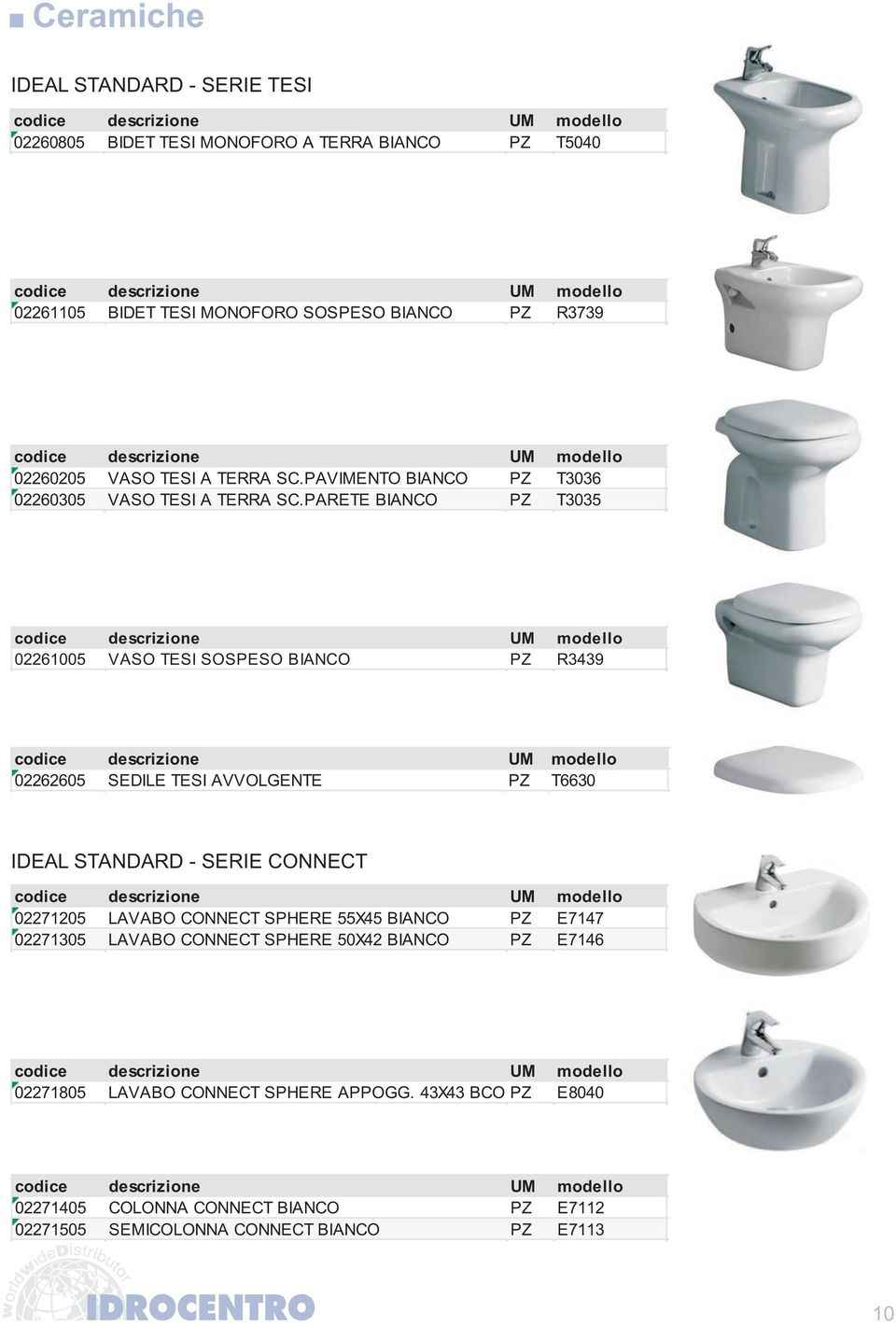 PARETE BIANCO PZ T3035 02261005 VASO TESI SOSPESO BIANCO PZ R3439 02262605 SEDILE TESI AVVOLGENTE PZ T6630 IDEAL STANDARD - SERIE CONNECT 02271205 LAVABO