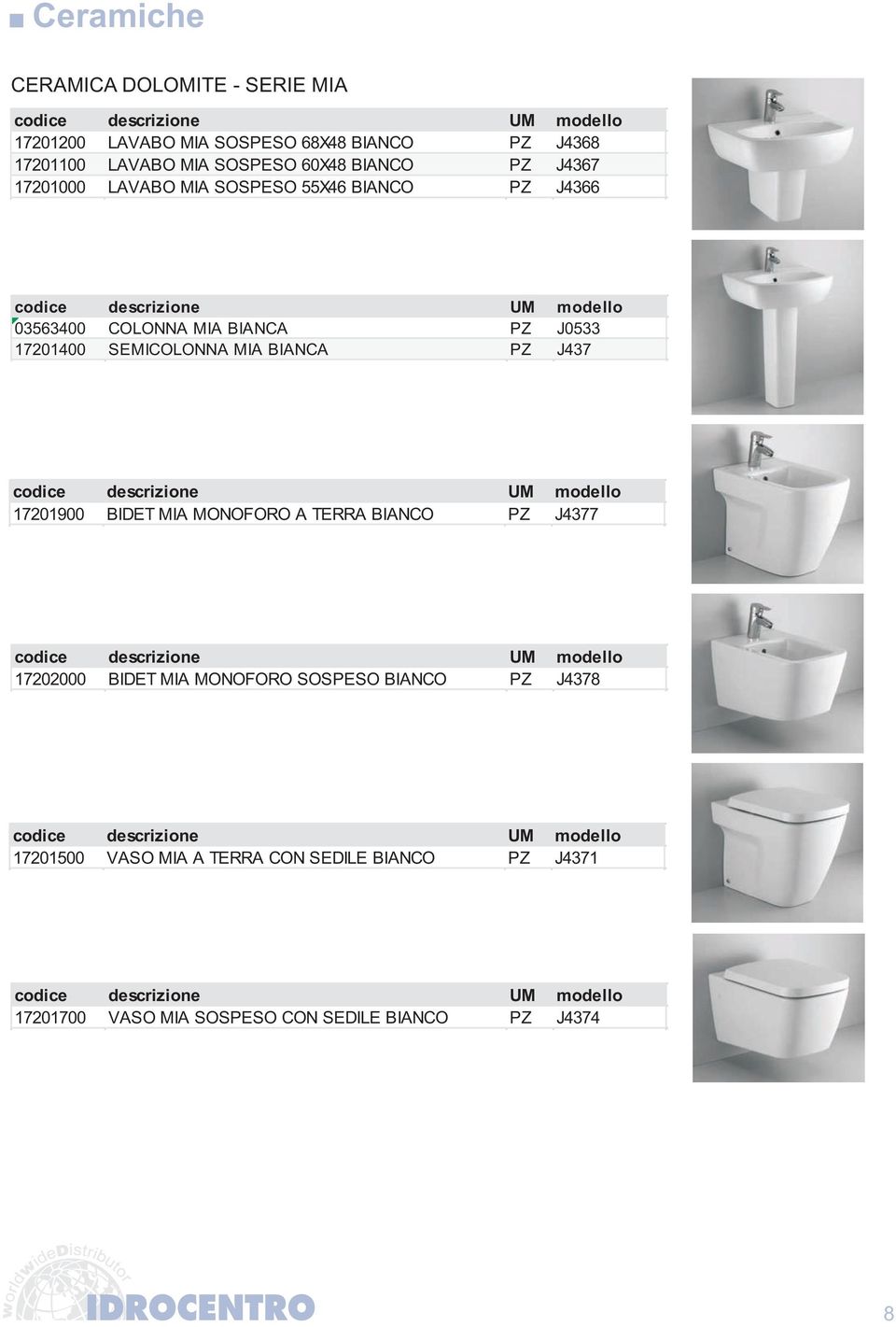 SEMICOLONNA MIA BIANCA PZ J437 17201900 BIDET MIA MONOFORO A TERRA BIANCO PZ J4377 17202000 BIDET MIA MONOFORO SOSPESO