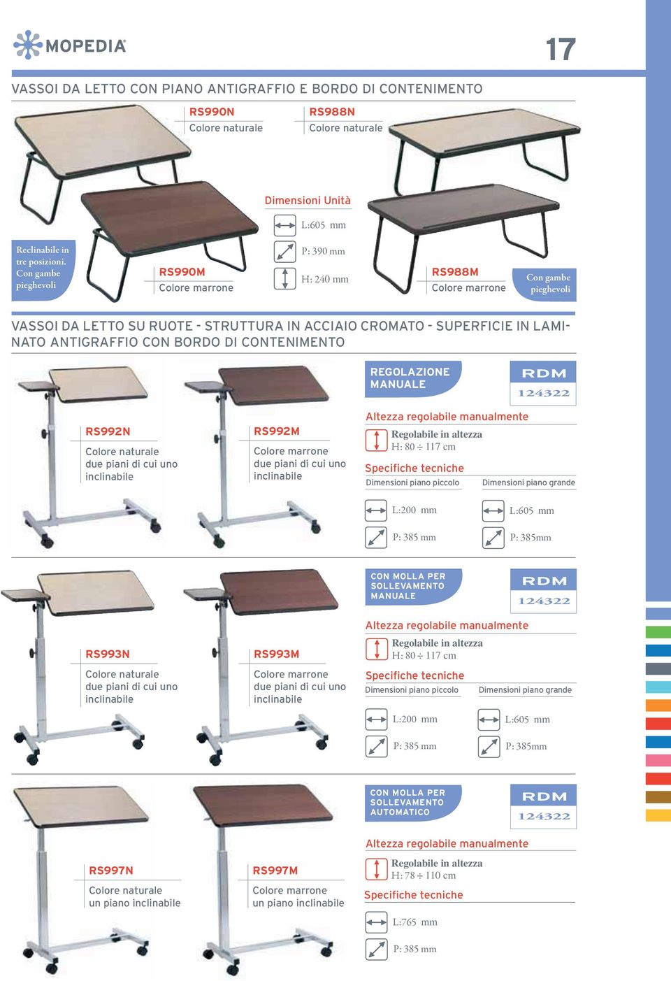 ANTIGRAFFIO CON BORDO DI CONTENIMENTO REGOLAZIONE MANUALE 124322 RS992N Colore naturale due piani di cui uno inclinabile RS992M Colore marrone due piani di cui uno inclinabile Altezza regolabile