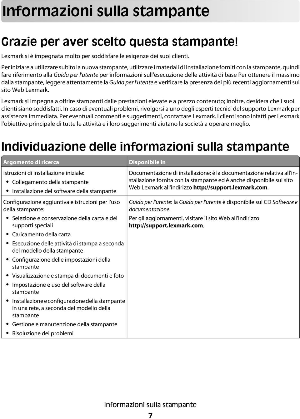 delle attività di base Per ottenere il massimo dalla stampante, leggere attentamente la Guida per l'utente e verificare la presenza dei più recenti aggiornamenti sul sito Web Lexmark.