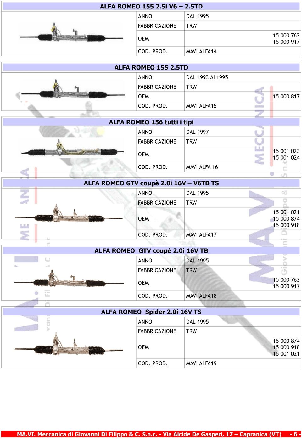 15 000 817 MAVI ALFA15 ALFA ROMEO 156 tutti i tipi DAL 1997 15 001 023 15 001 024 COD. PROD. MAVI ALFA 16 ALFA ROMEO GTV coupè 2.