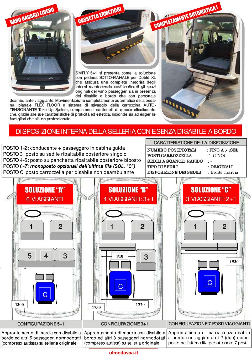 Movimentazione completamente automatica della pedana, pianale FLEX FLOOR e sistema di stivaggio della carrozzina AUTO- TENSIONANTE Take Up System, completano i contenuti di questo allestimento che,