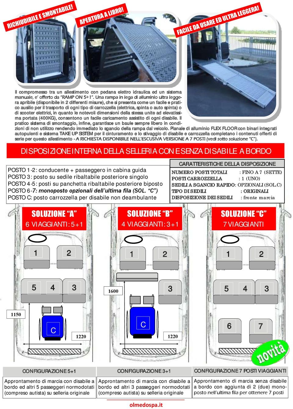 spinta o auto spinta) o di scooter elettrici, in quanto le notevoli dimensioni della stessa unite ad elevatissima portata (400KG), consentono un facile caricamento assistito di ogni disabile.