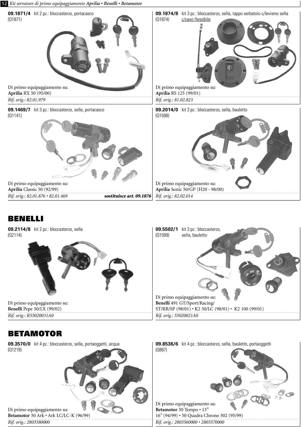 : bloccasterzo, sella, portacasco (Q1141) Aprilia RS 125 (99/01) Rif. orig.: 81.02.823 09.2014/0 kit 3 pz.: bloccasterzo, sella, bauletto (Q1598) Aprilia Classic 50 (92/99) Rif. orig.: 82.01.876 82.