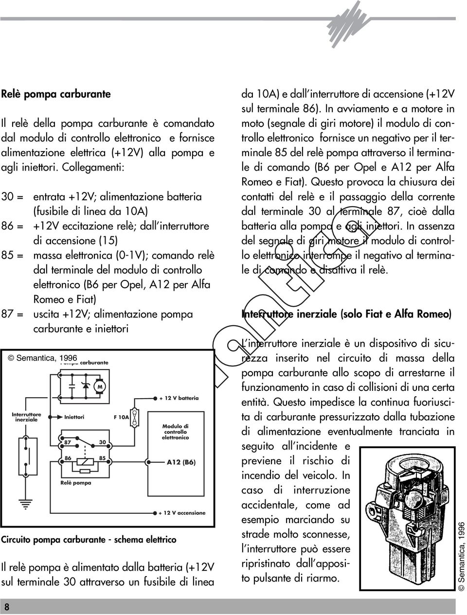 terminale del modulo di controllo elettronico (6 per Opel, 12 per lfa Romeo e Fiat) 87 = uscita +12V; alimentazione pompa carburante e iniettori Interruttore inerziale Pompa carburante Iniettori 87