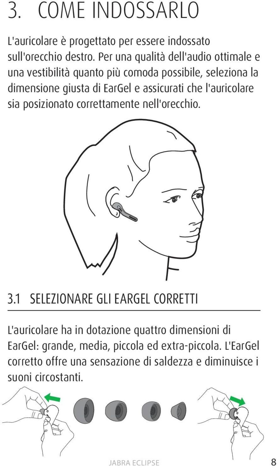 assicurati che l'auricolare sia posizionato correttamente nell'orecchio. 3.