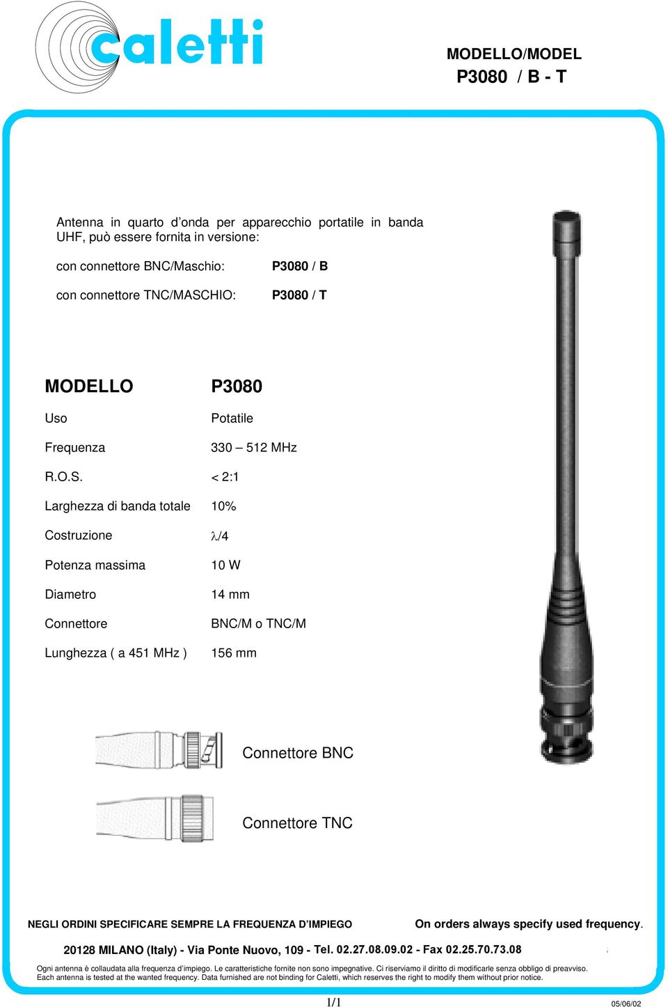 HIO: P3080 / B P3080 / T MODELLO Uso Frequenza P3080 Potatile 330 512 MHz R.O.S.